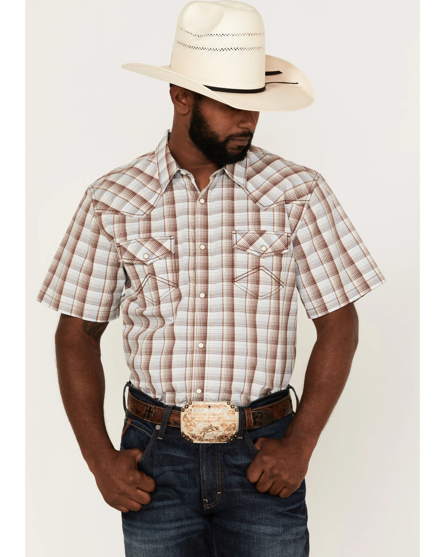 Cody James Men's Mount Vernon Small Plaid Short Sleeve Pearl Snap Western Shirt 1 Cody James Men's Mount Vernon Small Plaid Short Sleeve Pearl Snap Western Shirt